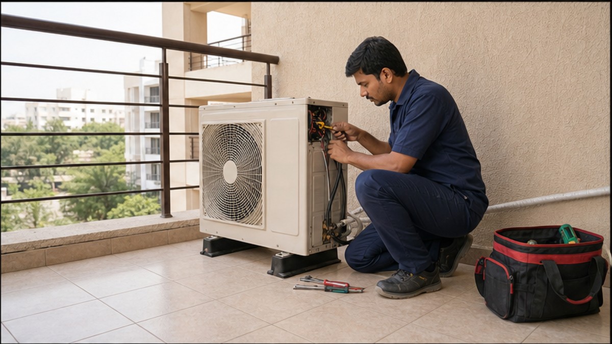 Technician servicing an AC outdoor condenser