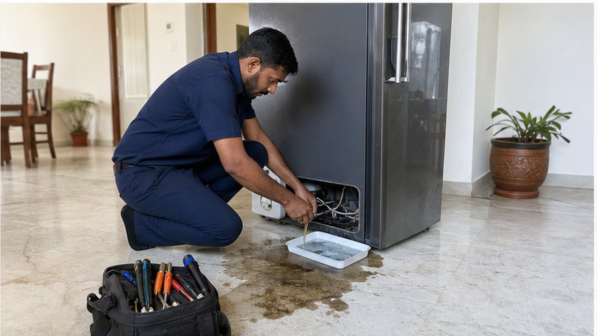 Technician repairing refrigerator drainage and water leakage