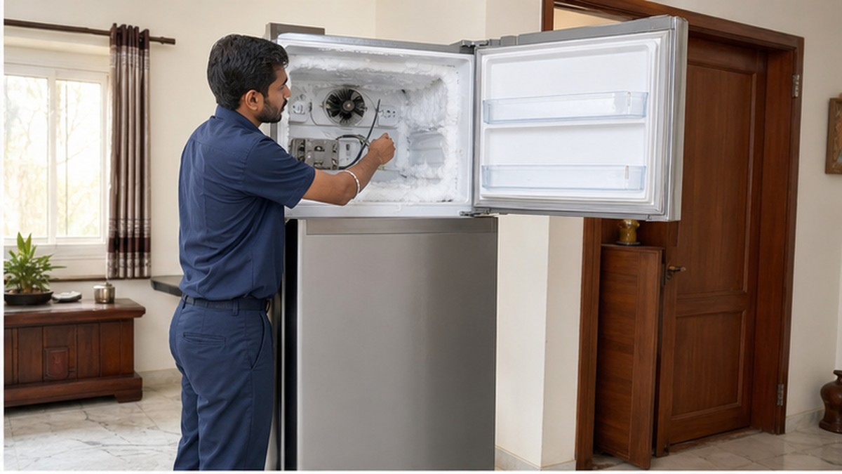 Technician servicing a refrigerator frost and fan system