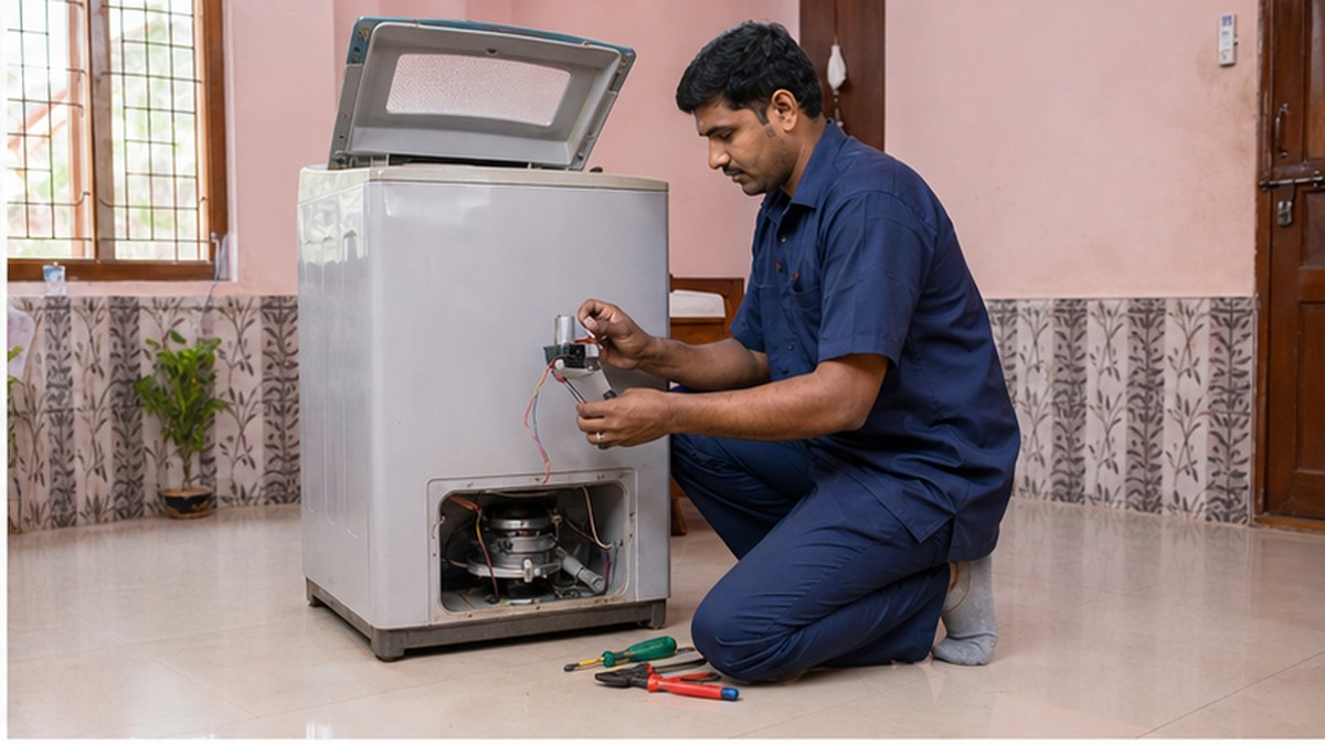 Technician checking a washing machine motor capacitor
